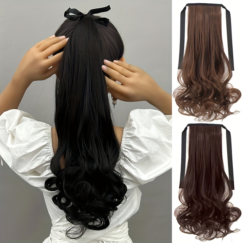 

Ponytail With Ribbon Ties Wrapped Around Long Curly Wavy Ponytail Extensions Synthetic Hair Extensions Elegant For Daily Use Hair Accessories
