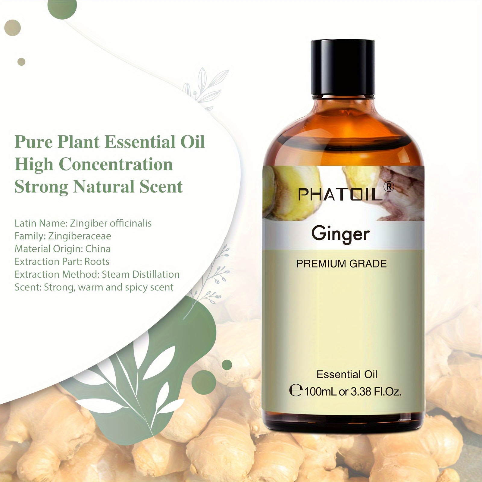PHATOIL Premium Grade Ginger Essential Oil 100ml/3.38fl.oz - Natural Calming Aromatherapy Oil for Diffusers, Humidifiers, Candle Making - Soothing Scent, Easter & Mother’s Day Gifts, Multipurpose Oil | Dropper Included | Authentic Labeling, Ginger Oil