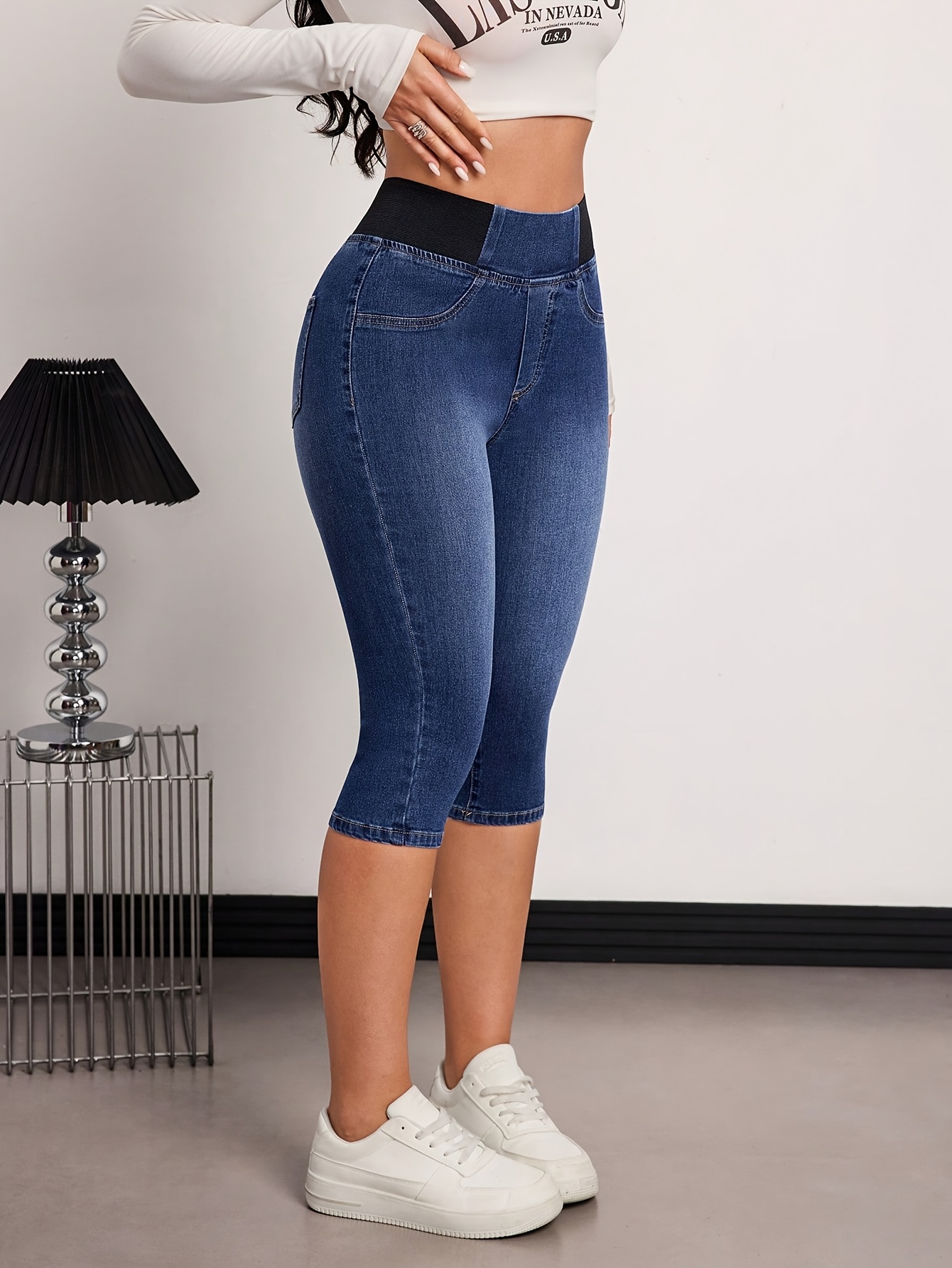 womens pull on denim capris high waisted tummy control stretchy cropped jeans for casual summer casual attire knee length jeggings