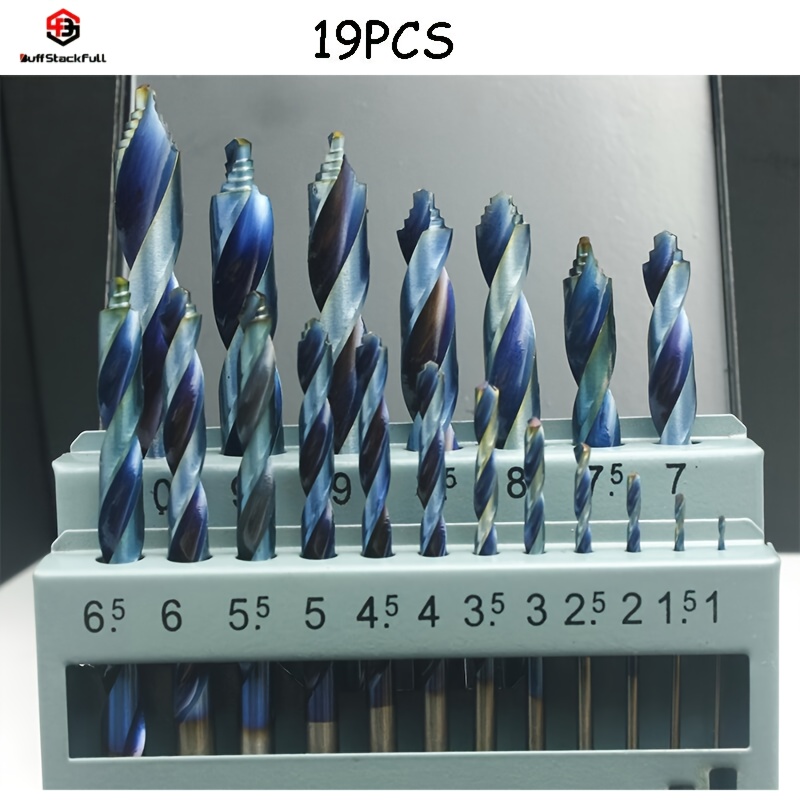Buff Stack Full 19pcs Coated Blue- Step Drill Bits - Carbide Steel Steel Grooved Hole-drilling Bits, Aluminum Alloy Straight Shank Twist Drills.