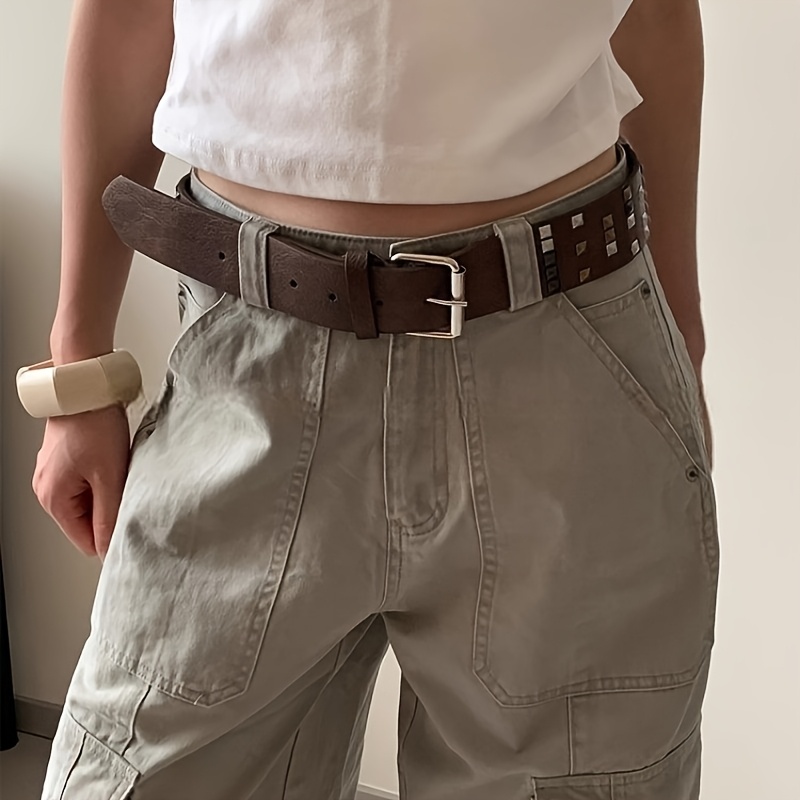 Unisex Distressed Brown Rivet Belt for Hip-Hop Style