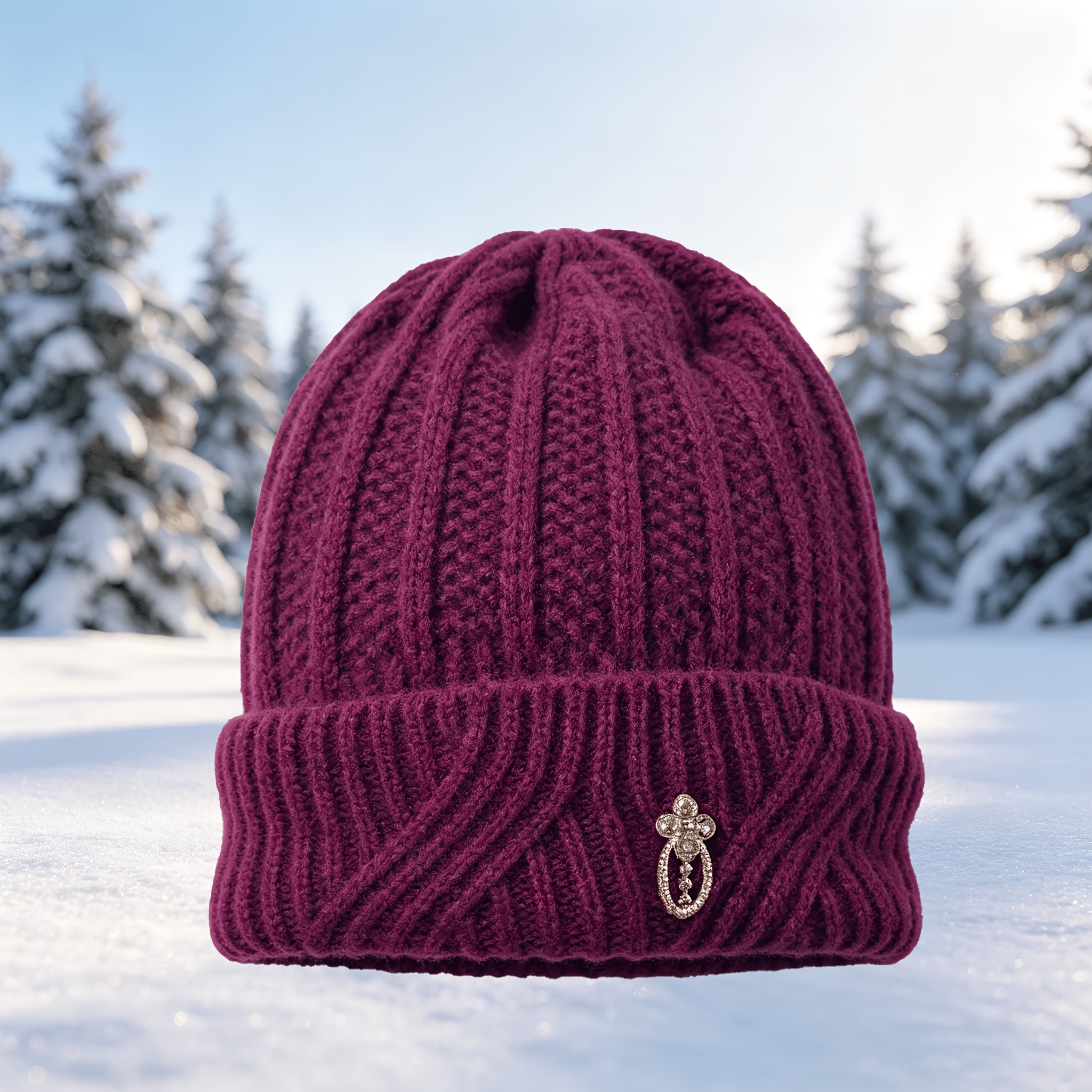 TEMU Women's Winter Cable Beanie, Thick Warm Folded Cuff Hat With Metal Badge, Skull Cap For Outdoor Daily Wear