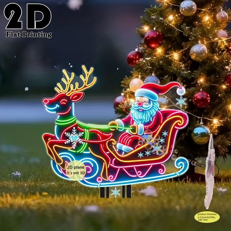 2D Plat, 2 Neon Glow-in-the-Dark Kerstman en Rendier Wagen Tuinpaal - Zelfverlicht Acryl Stijl Plastic Buiten/Kerst Tuin Decoratie - Gratis, Eenvoudige Installatie