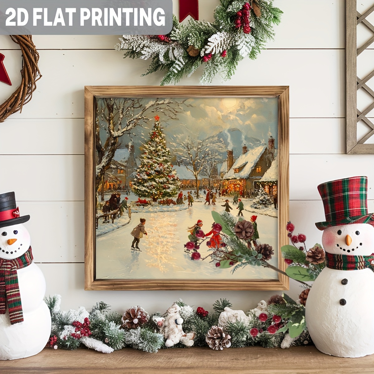 TEMU 2d Flat, 1pc Rustic Wood Framed Winter Wall/table Decoration - 8"x8" Snowman & Horse Sleigh Christmas Village Scene With Border, Farmhouse