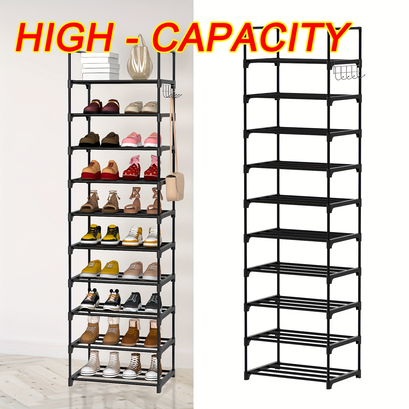 Image of 10 - Tier Narrow Shoe Rack, Multi - Functional Metal Shoe Storage Organizer With Detachable Compartments, Space - Diy Shoe Shelf For Entryway, Hallway, Living Room, Black