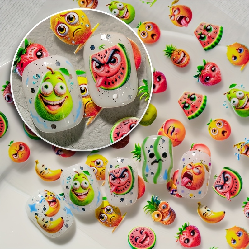 E-shop 1 Cartoon-Fruchtelf-Nagelsticker mit Sommerfrucht-Elementen wie Wassermelone, Schneebirne, Erdbeere, Ananas Banane, geeignet für Damen, Partys