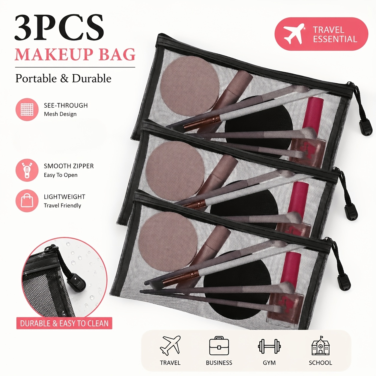 TEMU 3pcs Mesh Document/passport Organizer Bags - Made Of High-strength Nylon. Suitable As A Cosmetic Bag, Pencil Case, Office Organizer, Travel