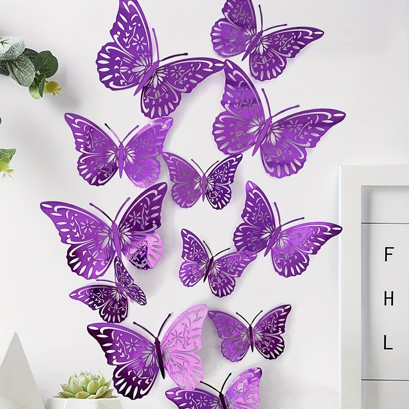 12pcs 3d Wall Stickers, Purple Paper Hollow Stickers For Home Decoration