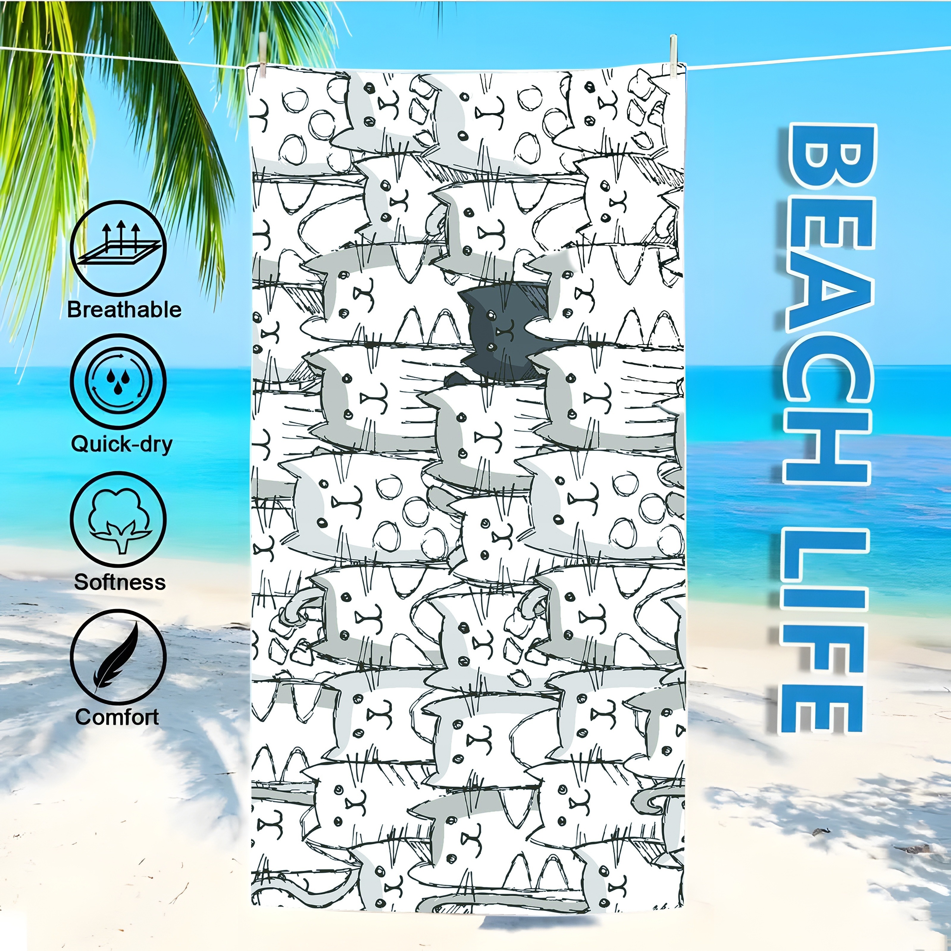 Sports Beach Towel with Cat Pattern, Quick Dry