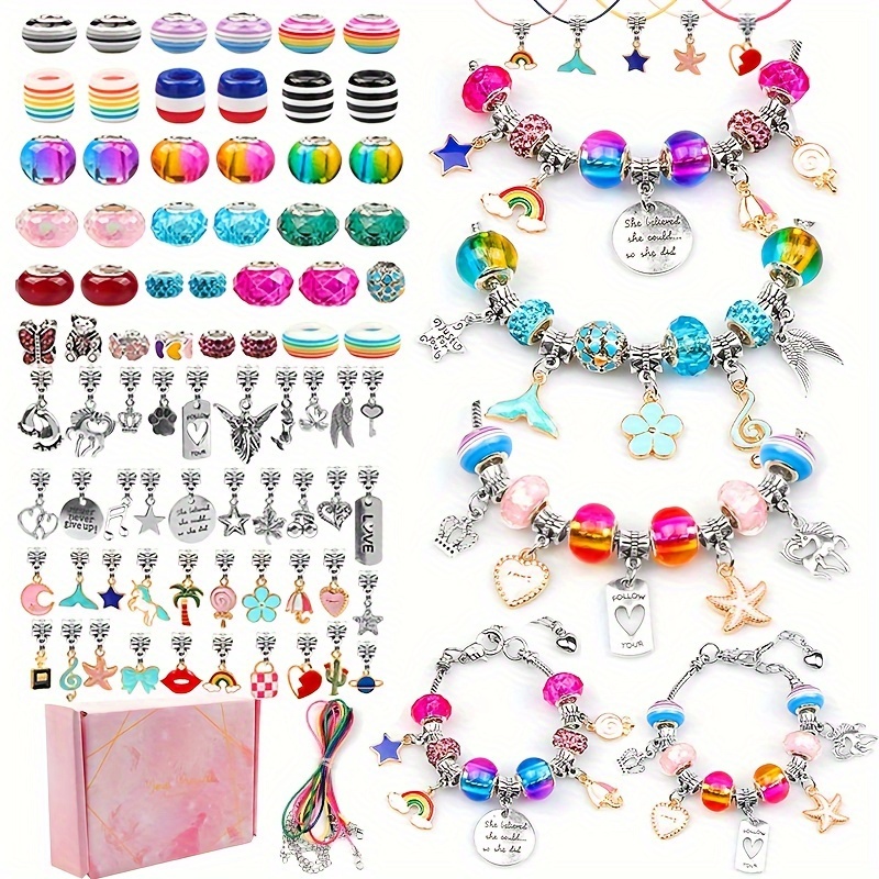 

125pcs Charm Bracelet Making Kit For Girls, Craft Set With Glass Beads And Alloy Pendants, No Plating - Gift Box Included For Teens Over 15 - Cute Themed Mixed Color Accessories