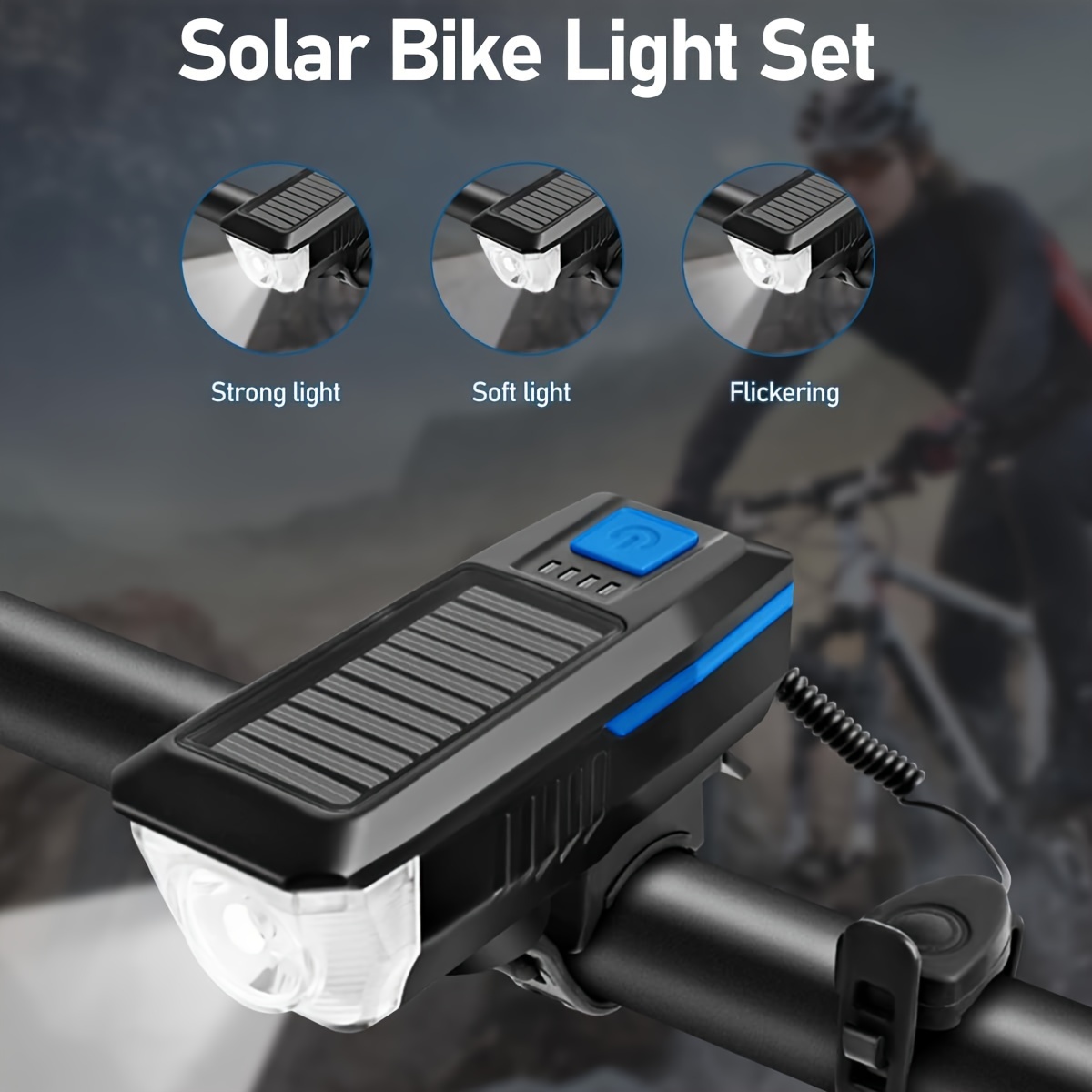 1pc Solar Powered Bicycle Horn Light With Power Indicator, T6 Bright LED Front Light, USB Rechargeable, High-Decibel Horn, Multiple Light Modes (350/200 Lumens)
