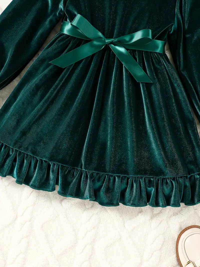 1pc 9m 4y girls velvet ruffle sleeve bow dress round neck - Temu 1pc 9m 4y girls velvet ruffle sleeve bow dress round neck - Temu