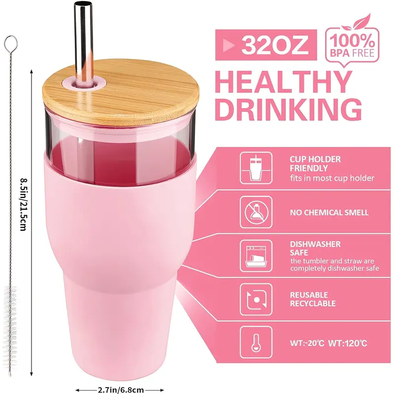 32oz glass with lid and straw silicone non slip sleeve heat in cold out suitable for iced tea beverages juices coffee lead free bpa free Product details 3