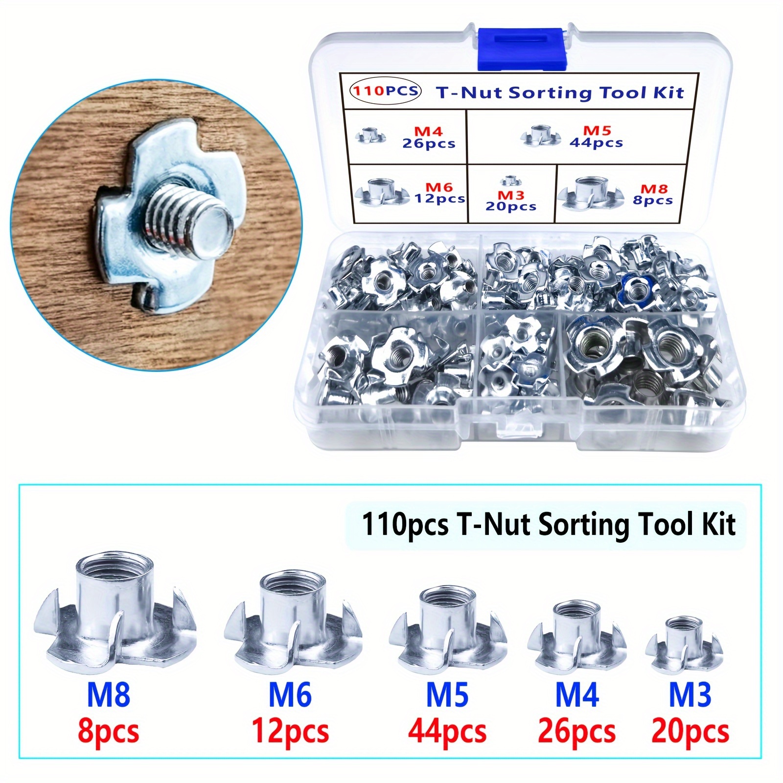 E-shop Set mit 110 Gewinde-Einsteckmuttern mit 4 , ideal für Kletterstützen, Holzkonstruktionen und Schränke (Größen M8, M6, M5, M4, M3)