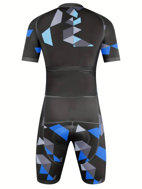 mens triathlon tri suit short sleeve road bike cycling navy blue geometic bike clothing suit uv resistant gel pad breathable sweat wicking quick dry