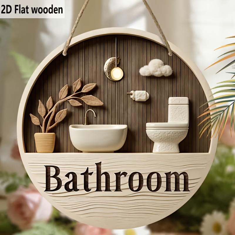 2d flat 2d flat 1pc of 2d flat wooden round sign featuring a bathroom themed design with toilet and bathtub patterns an ideal housewarming gift for new   and     for bathroom decoration 2d flat
