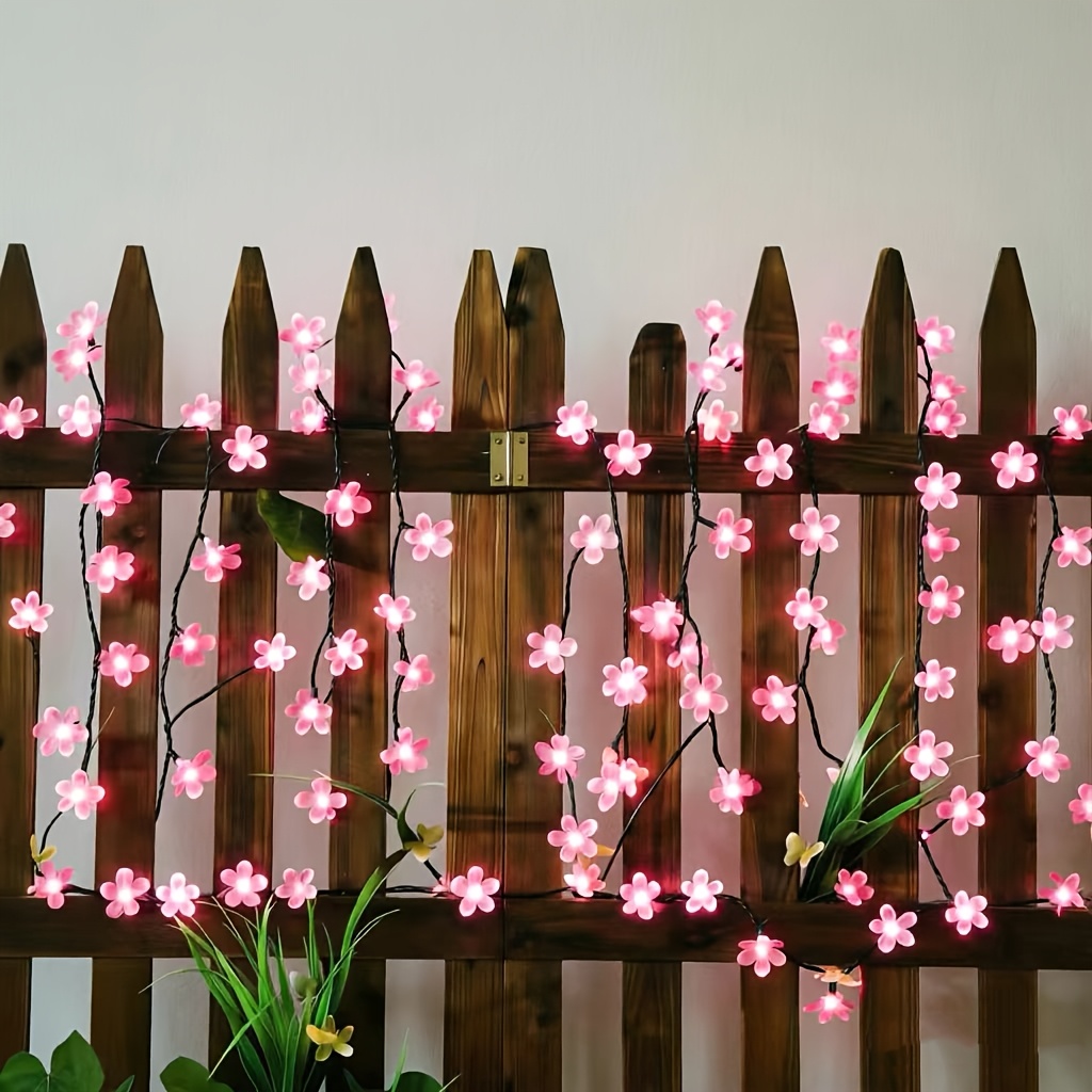 TEMU Solar-powered Pink Cherry String Light, Featuring 8 Modes Of Fairy-like Flashing Lights, Solar Energy, Suitable For Indoor And Outdoor