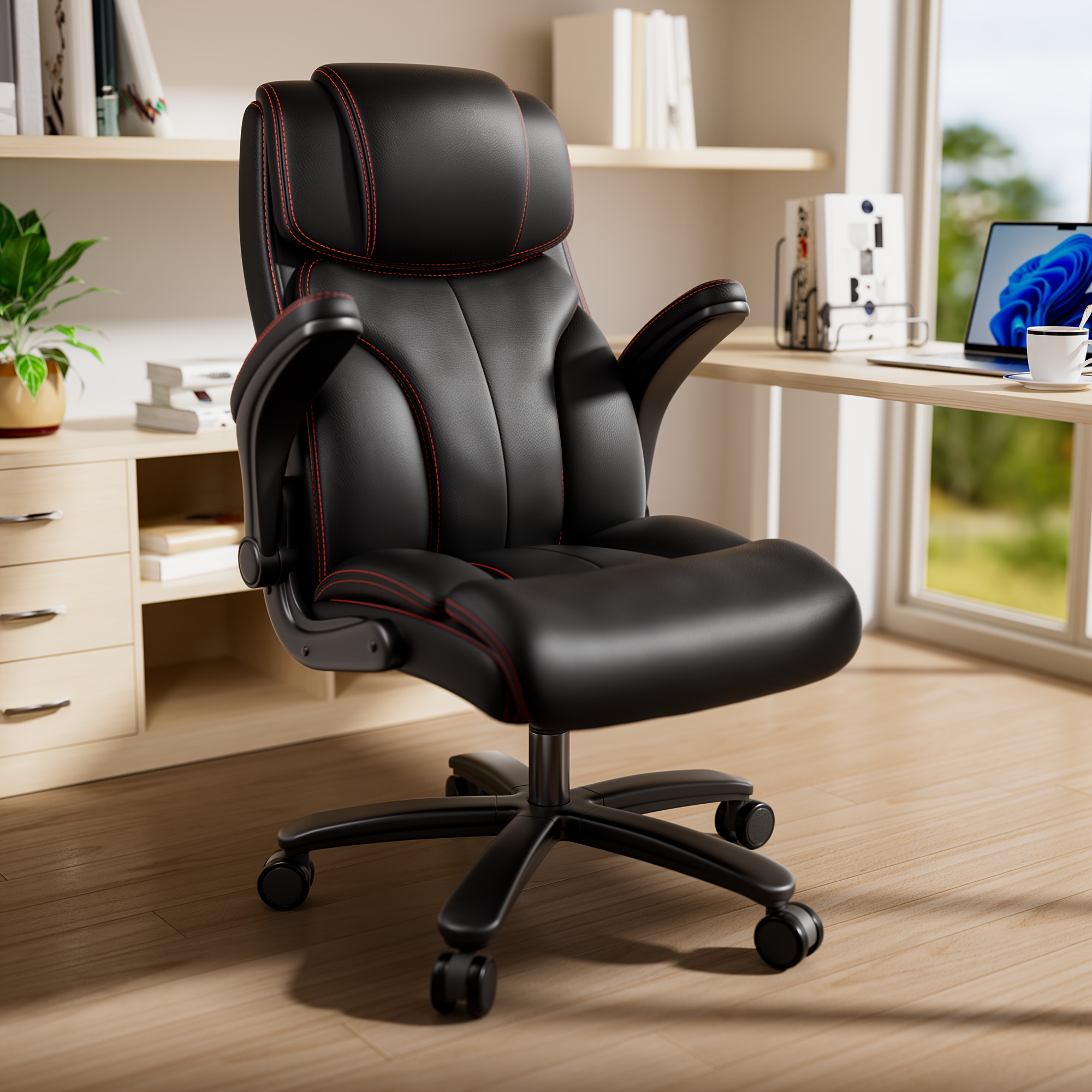 

Executive Desk Chair, Big And Tall Home Office Chairs For Heavy People 400lbs Wide Seat, High Back Large Executive Office Chair With Adjustable Flip Up Arms, Black Pu Leather Computer Desk Chair