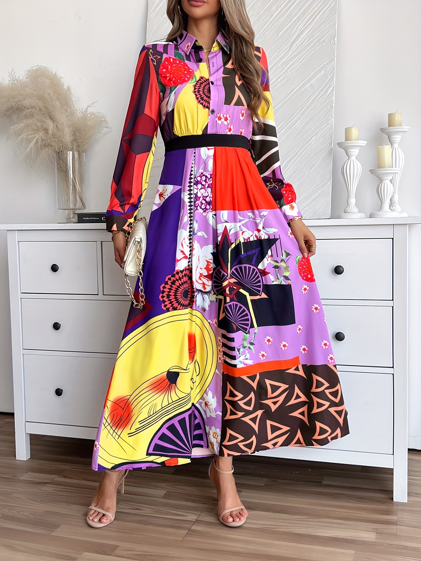 womens geometric print shirt dress sleeve button collar midi - Temu