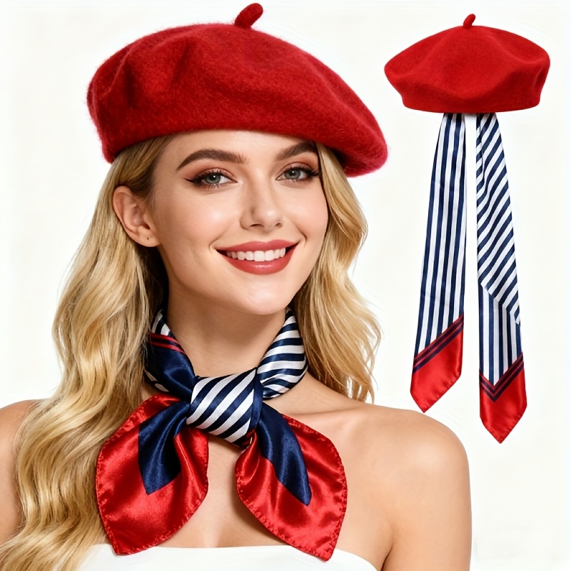 TEMU Conjunto de 2 piezas de sombrero y bufanda para mujer, gorro beret de otoño invierno para mujer, sombrero moderno y versátil que realza la cara,