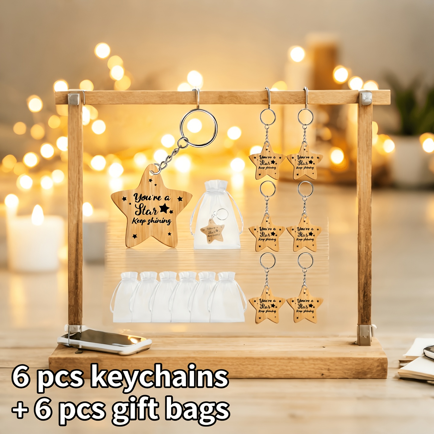 TEMU 12 piezas de llaveros de estrella con bolsas de regalo de organza transparente (6 llaveros de estrella + 6 bolsitas de regalo incluidas), dijes