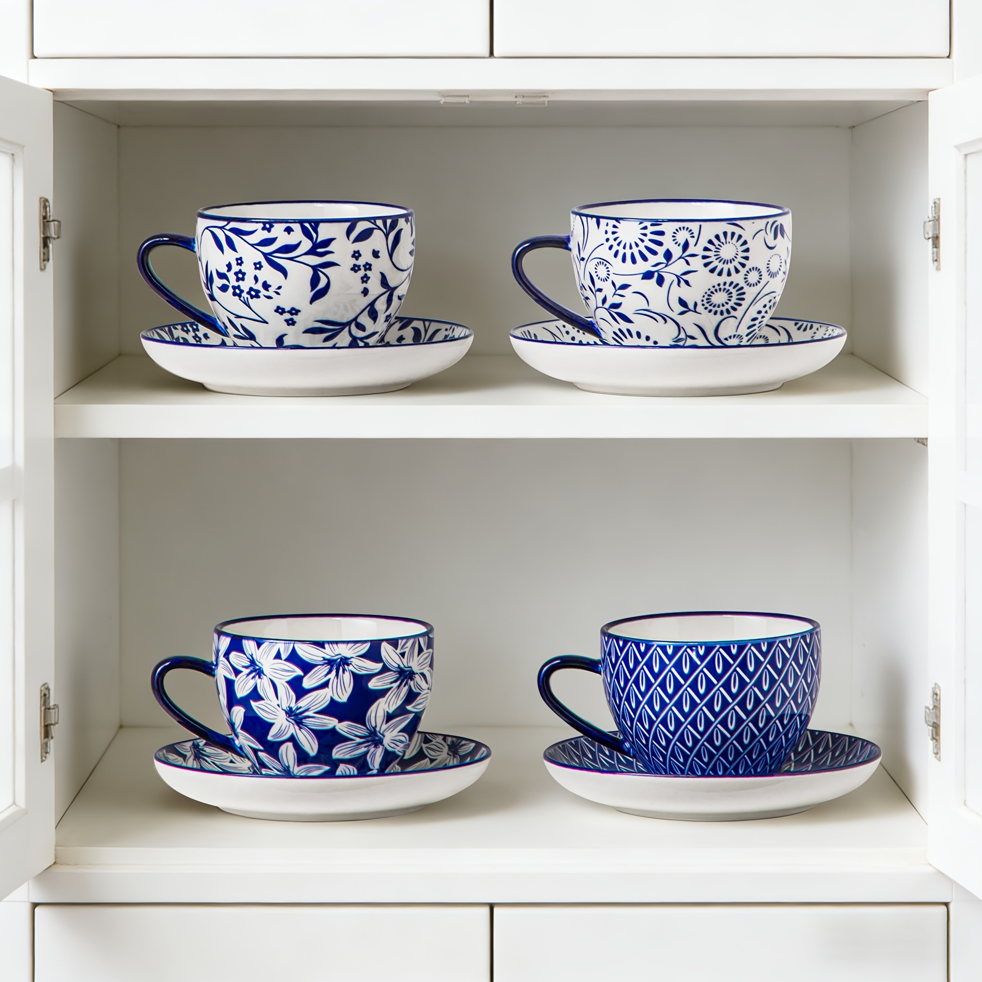 Image of Blue And White Porcelain Coffee Cup Sets, Stackable Coffee Mug Tower Set, 8oz/240ml Cups For Drinks, Latte, Tea, Milk, , Beverages, Microwave Safe, Set Of 4