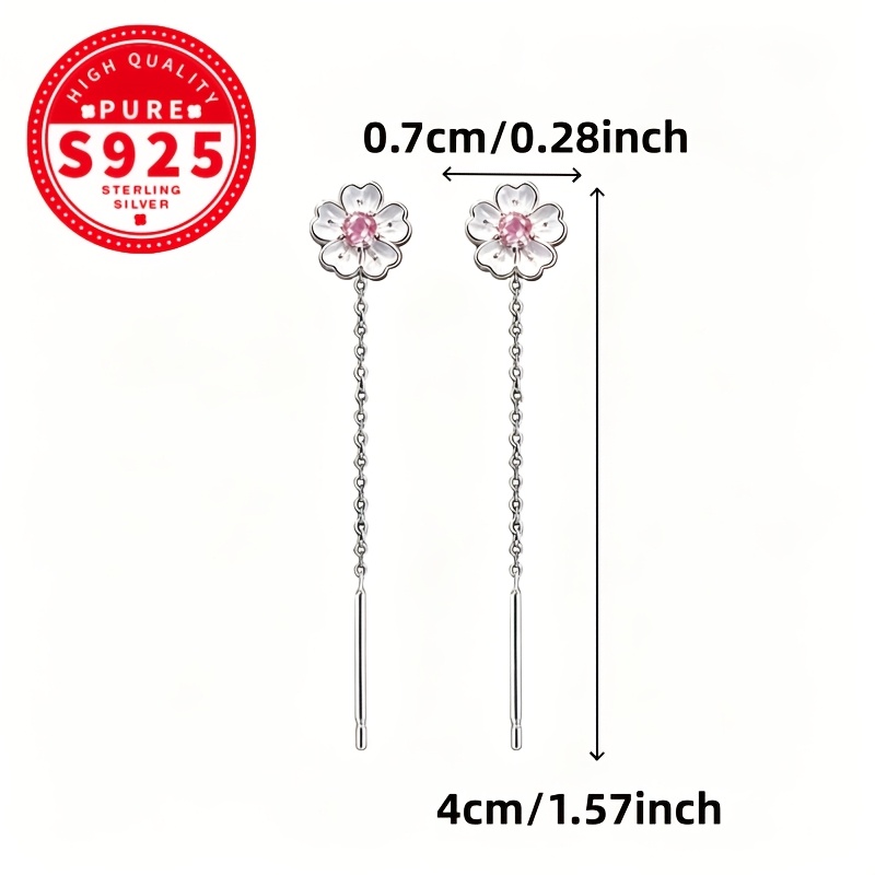 Women's S925 Silver Sparkling Pink Cherry Blossom Ear Thread Earrings