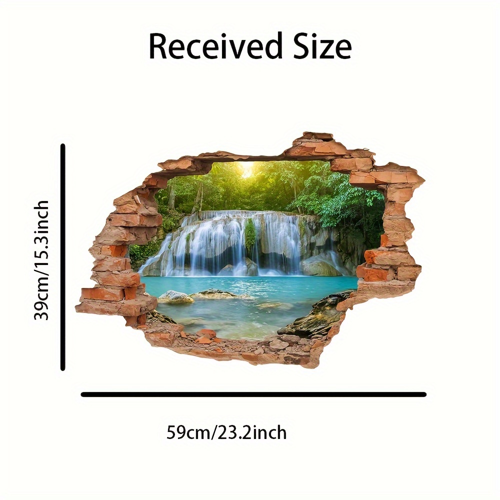 Image of 3d Waterfall Wall Decal - Self-adhesive Pvc Mural With Greenery & Cascading Water For Living Room, Bedroom, Bathroom Decor, Living Room Enhancement | Decor Piece | Finish