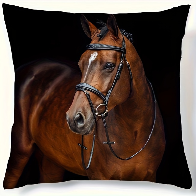 

Equestrian-themed Decorative Pillow Cover - Polyester, Zipper Closure, Machine Washable, With Black Tack Print, Contemporary Style, Home Or (insert Not Included),