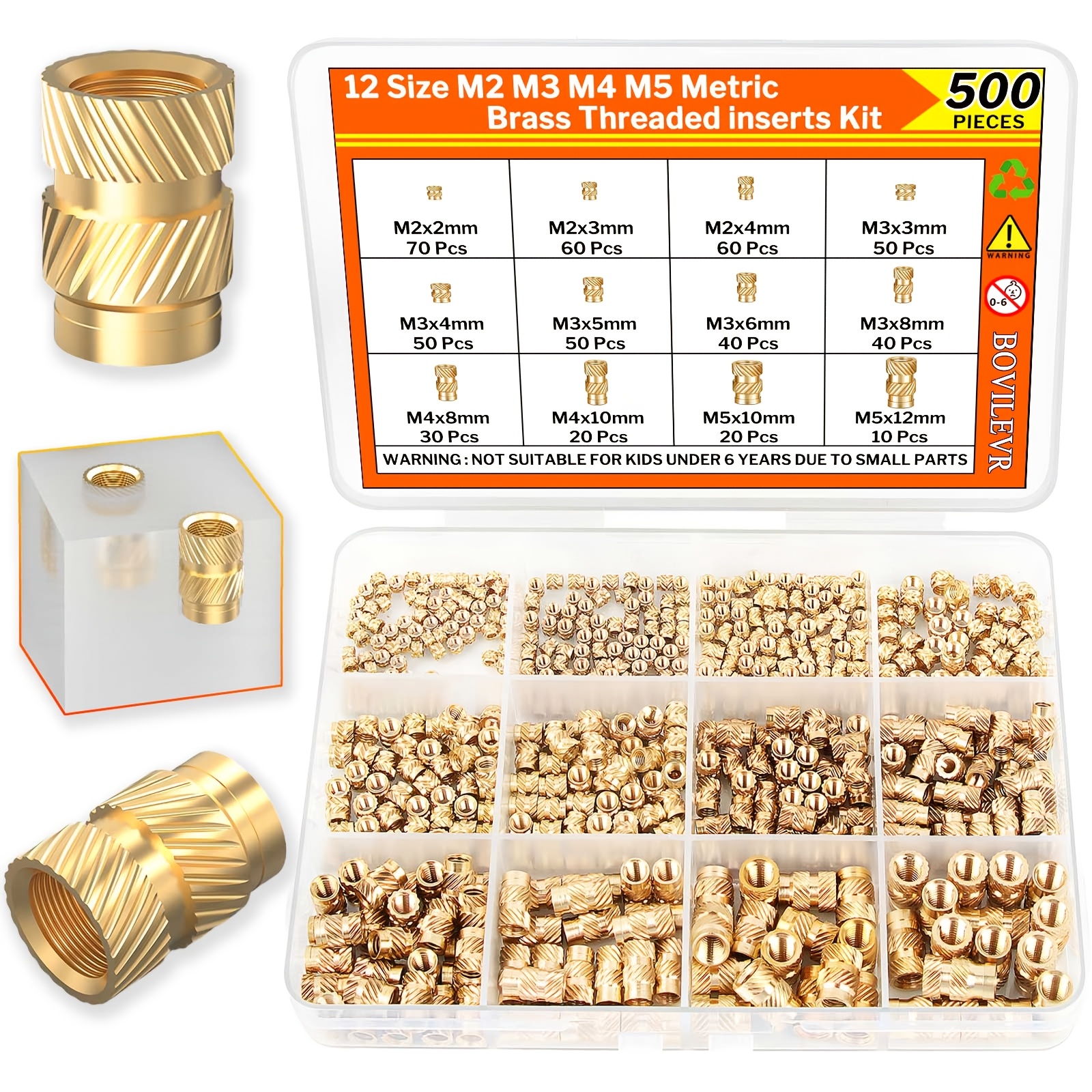 TEMU Kit da 500 inserti filettati termoadesivi - M2, M3, M4, M5, dadi zigrinati in ottone adatti per la stampa 3D con materiali come plastica, PLA,