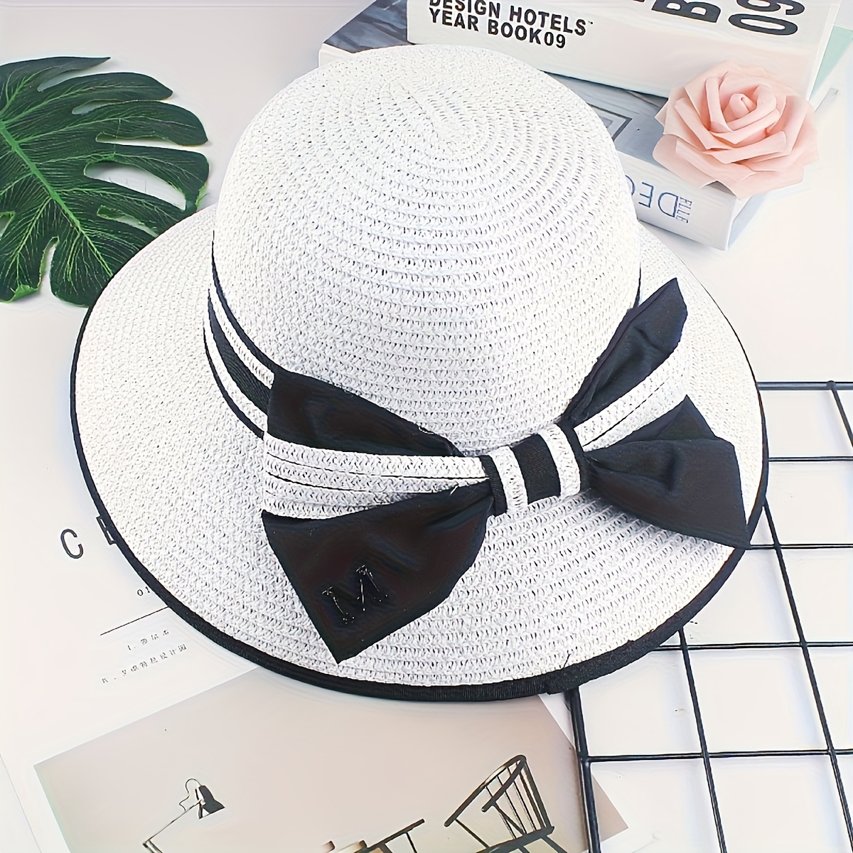 Black and White Printed Ladies Floppy Hat with Bow Amazon.com: Foldable Big Straw Hats for Women Dome Black  main image 3