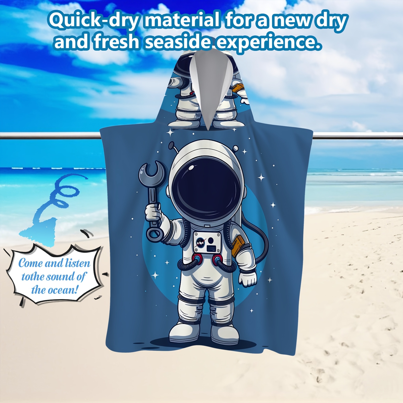 TEMU 1pc Astronaut Print Adult Beach Towel - Hooded Wearable Quick-dry Microfiber, Soft Absorbent Cartoon For Surfing, Travel, Camping & Beach