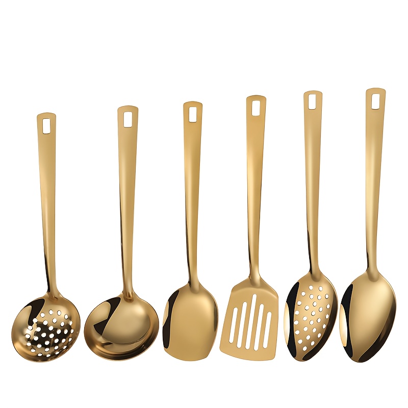 TEMU 6pcs Stainless Steel Solid Cutlery Set Split Serving Spoon Spoon Flat Bottom Shovel Fry Shovel Spoon Slot Spoon Practical Service Cutlery Set