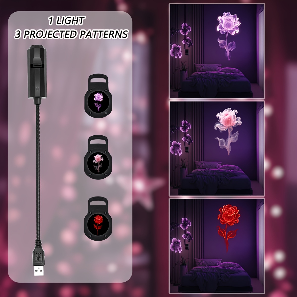 floral pattern projection light features three interchangeable patterns   and pink its a decorative ceiling light a portable usb gadget that rotates 360 and a creative holiday gift     a romantic atmosphere Product details 4