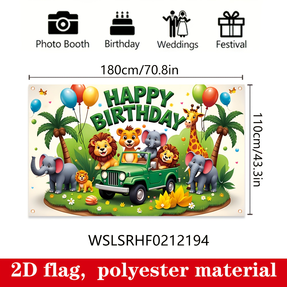 2d Flat, 1pc Happy Birthday Banner - " .3" Durable Polyester, Featuring , Elephants & Giraffes, Ideal For Indoor/outdoor Party Decorations, Birthday Decorations
