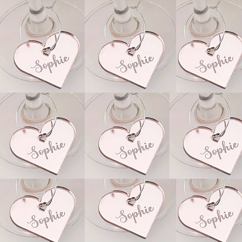 TEMU 9 Pezzi Etichette per Bevande in Acrilico a Forma di Cuore con Testo Personalizzato, Biglietti da per Matrimoni ed