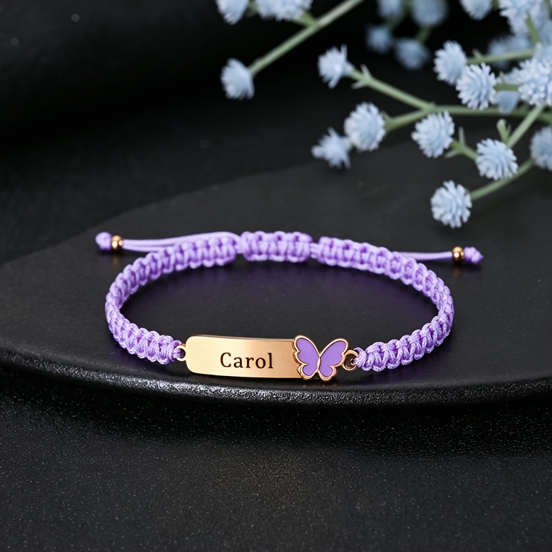 TEMU Personalized Custom Engraved Name Bracelet Black Rope Woven Purple Oil Bracelet Adjustable Stainless Steel Tag Hand Rope Niche Jewelry Gift For,