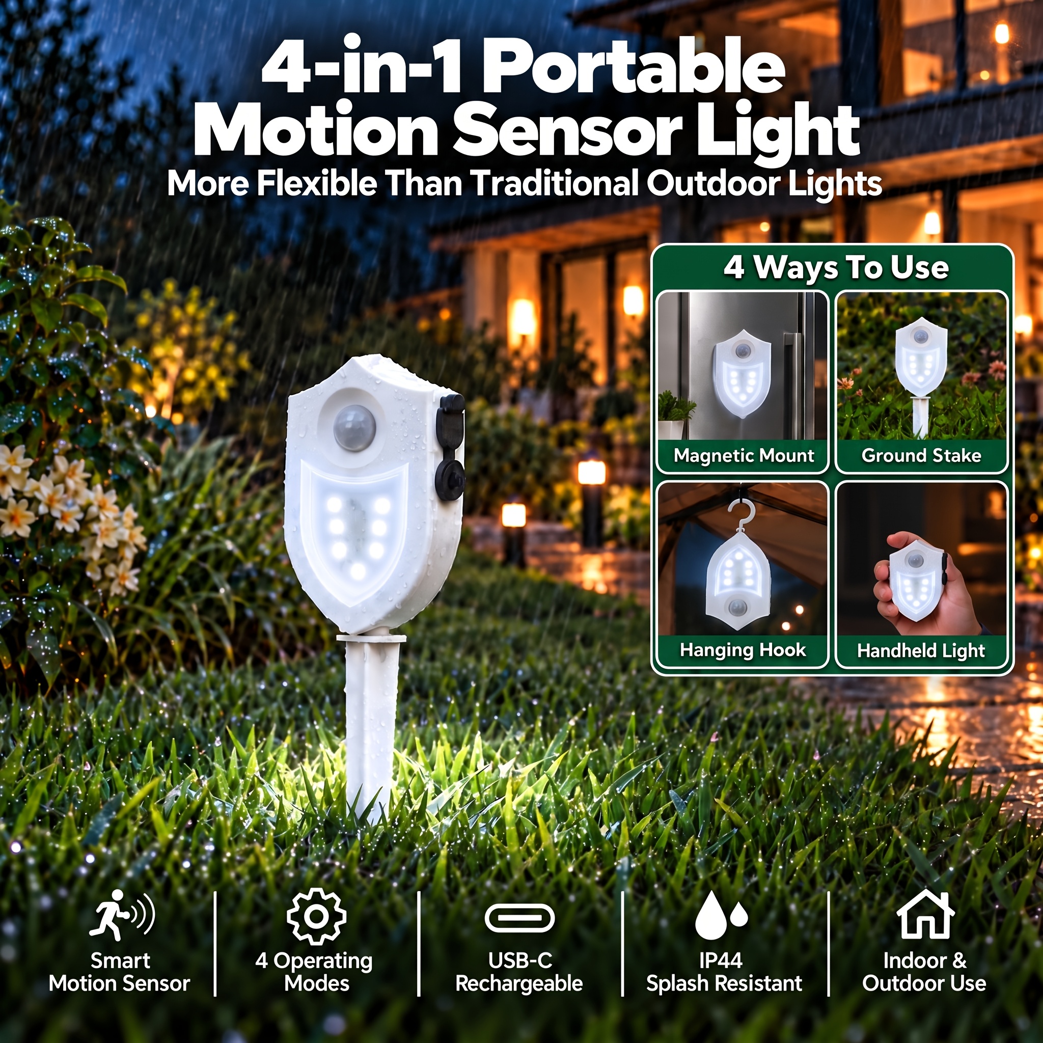 TEMU 4-in-1 Portable Motion Sensor Light, Ip44 Outdoor Path Lights, 7 Led Adjustable Brightness Light, Usb Rechargeable With Built-in 150mah Battery,