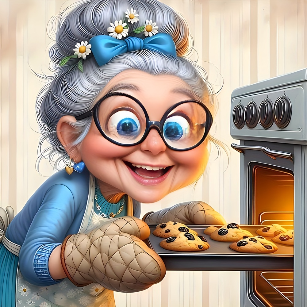 

Diy 5d Diamond Painting Kit - Grandma Baking | Full Round Drill Art & Craft Set For Wall Decor | Perfect Surprise Gift