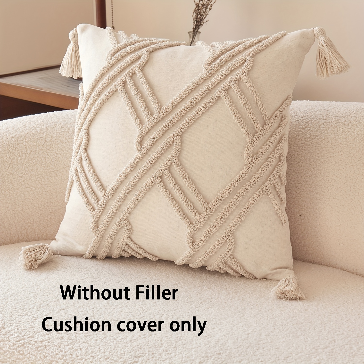 1pc, Natural Linen Blended Pillowcase, Geometic Pillowcase with Tassel Decoration, Single Side Tufted Embroidery, 44.96*44.96cm, Suitable for Sofa, Living Room, Bedroom Home Decoration, No Pillow Core