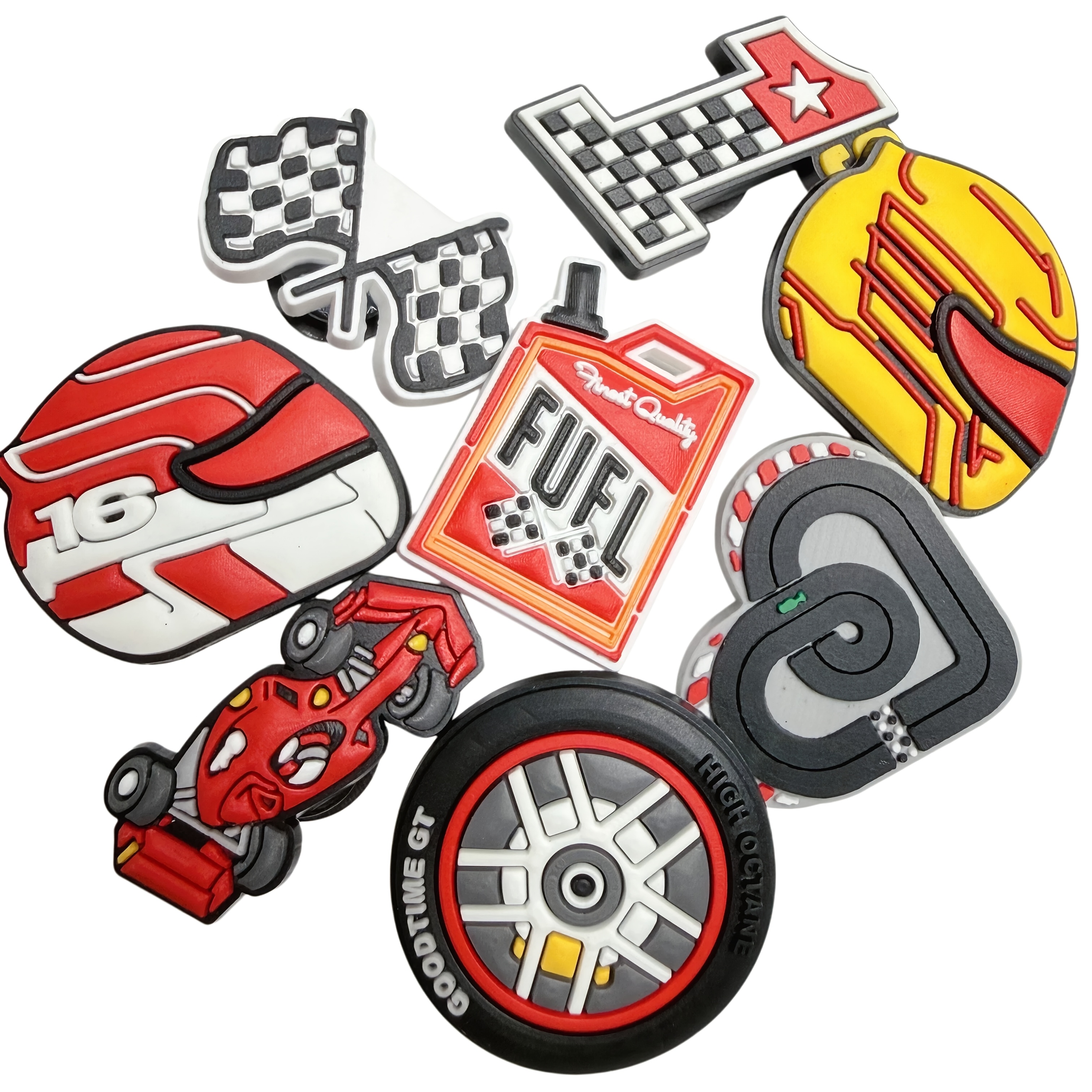 TEMU 8pcs Racing Shoe Charms, Cool Race Car Helmet Tire Flag Pvc Shoe Decorations, Diy Shoe Accessories For Clog Slippers, Gift For Teens Men
