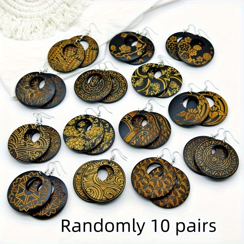 Random Style 10pcs Natural Wood Retro Ethnic Thick Earrings Black Carved Print Ear Jewelry