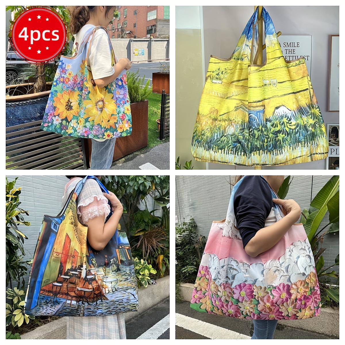 TEMU 4pcs Foldable Large Grocery Bags - Foldable Grocery Bags - Lightweight, Shopping Bag - Packable Tote Fitting In Fine Grocery Bag Carrier