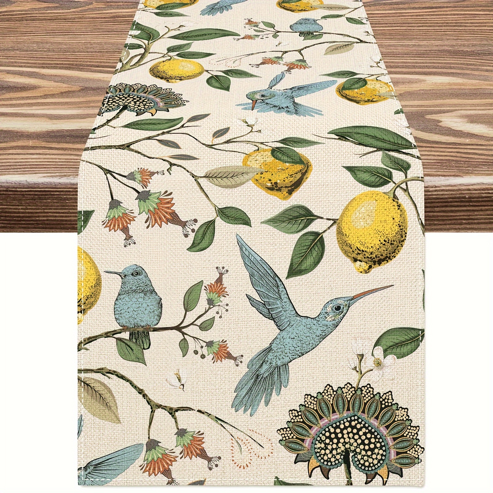 

1pc, Lemon Table Runner, Summer Blue Bird Lemon Tree Kitchen Dining Table Decoration Retro Decorative Seasonal Table Cover For Indoor Outdoor Home Party Supplies Decor 13x72 Inch