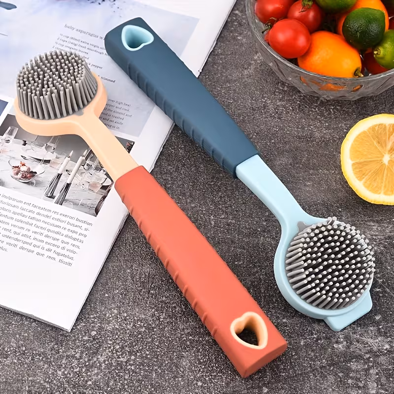 durable pp long handle cleaning brush soft silicone bristles for scrubbing ideal for kitchen dishes pots non electric stain removal kitchen cleaning tool soft bristle brus Product details 0