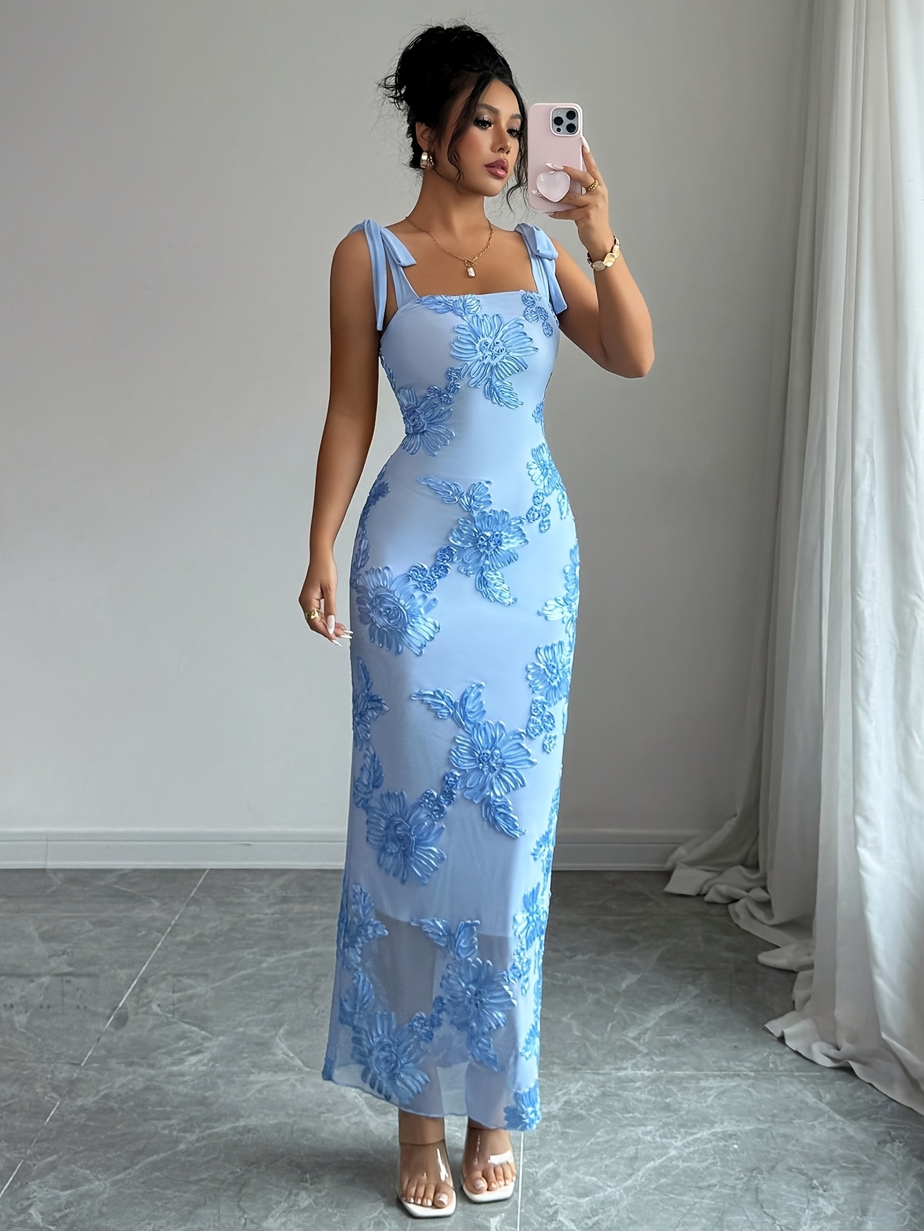 a sleeveless form fitting blue dress floral embroidery - Temu Mauritius
