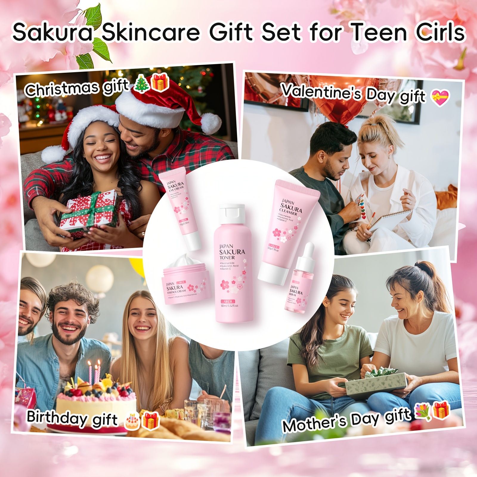 LAIKOU Sakura and Milk Skincare Gift Set, 5-Piece Routine