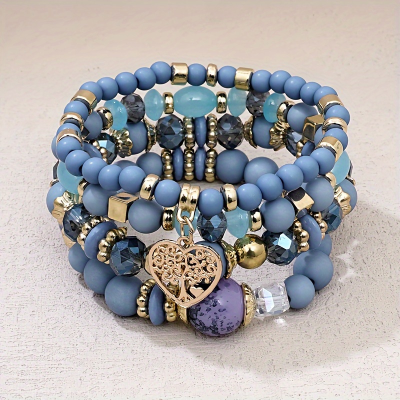european and   womens handmade bohemian ethnic style multicolored beaded bracelet set multi layer stackable heart and tree of life multi piece set mothers day gift for mom