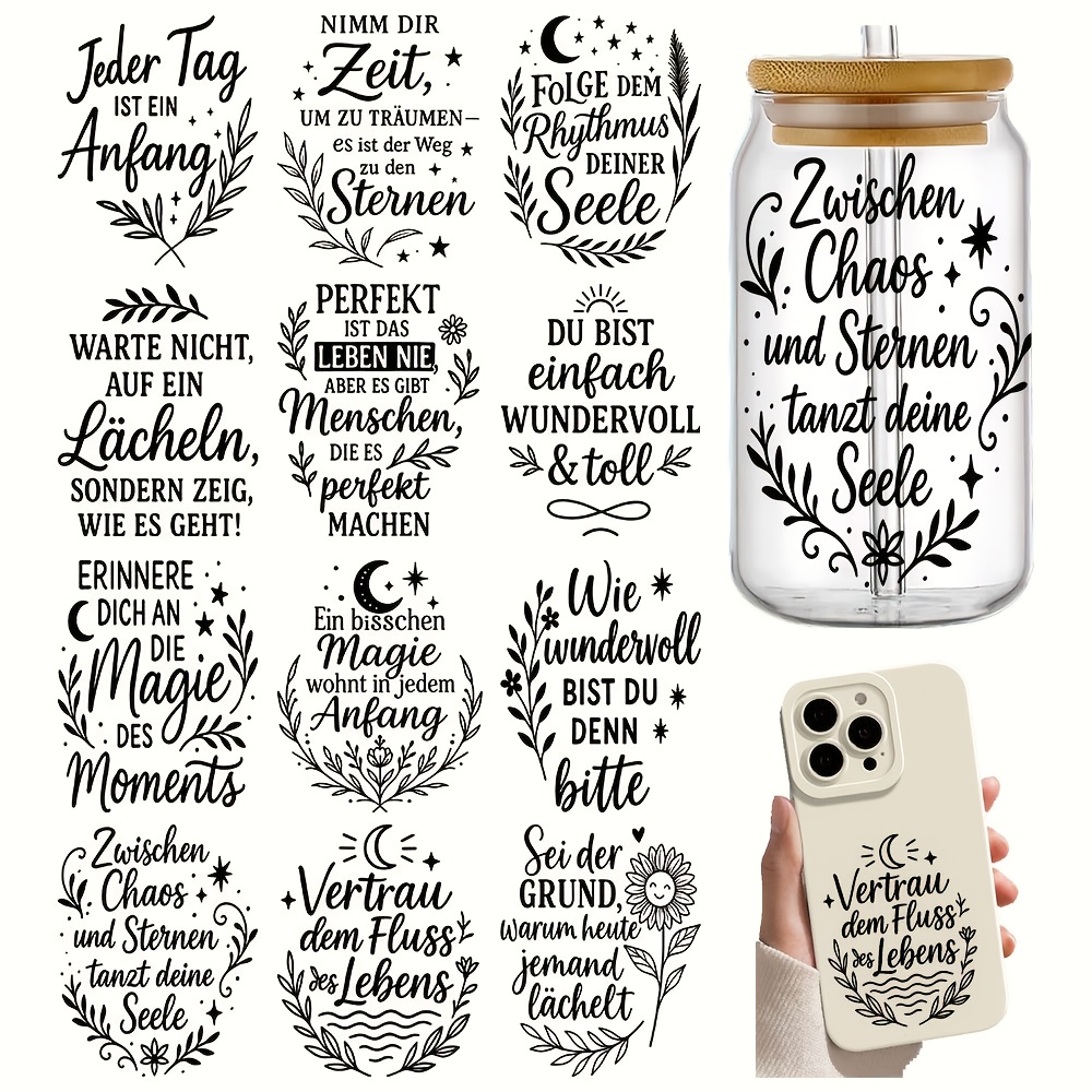 Image of 12pcs German Inspirational Quotes Rub On Transfer Stickers Decals -german Positive Sayings Decorative Stickers For Mugs, Cups, Bottles, School Supplies, Arts Crafts, Durable For Furniture, Glass