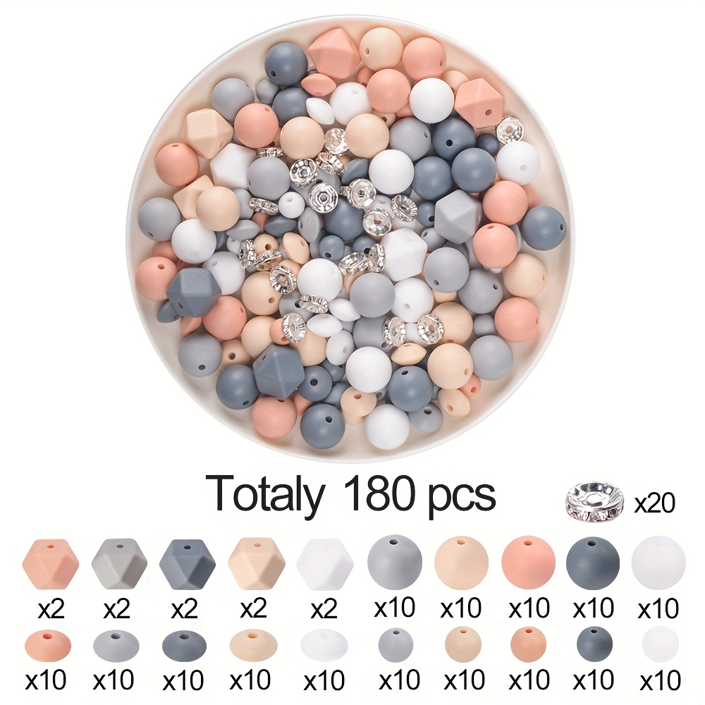 Image of 180pcs Mixed & Silicone Spacer Beads Kit - 9-15mm Round/hexagon Making Supplies, Sparkling Beads For Keychains, Pen Charms, Id Lanyards & Beaded Pendants | Craft Accessories Gift For Students/artists